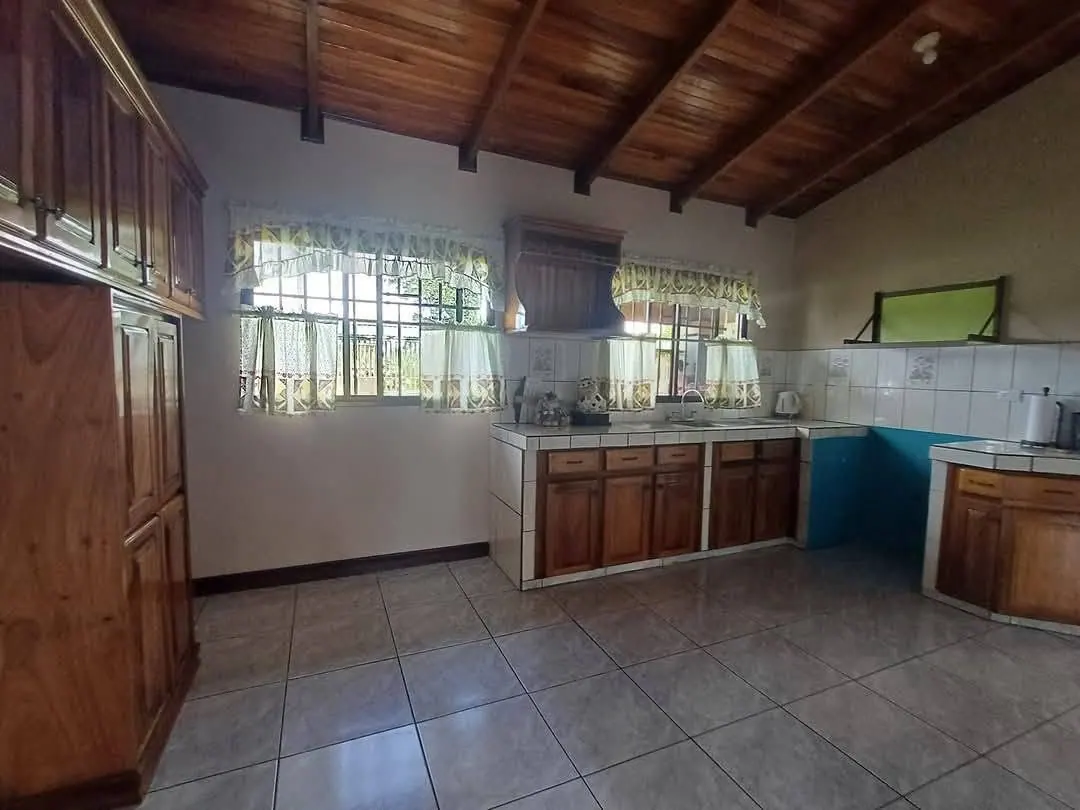 Cocina con muebles de madera y ventanas al patio