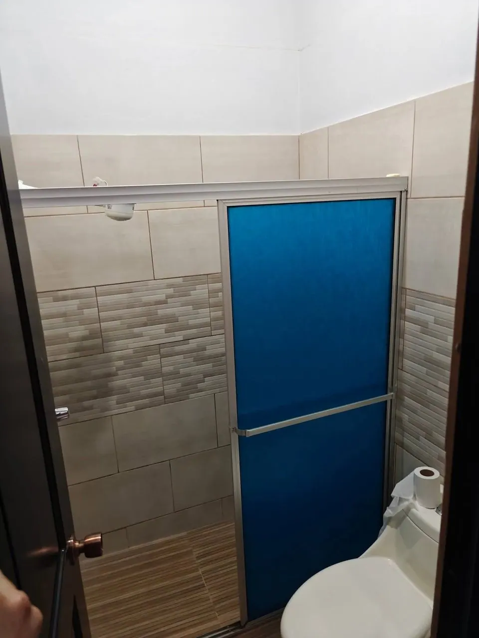 Baño con puerta azul