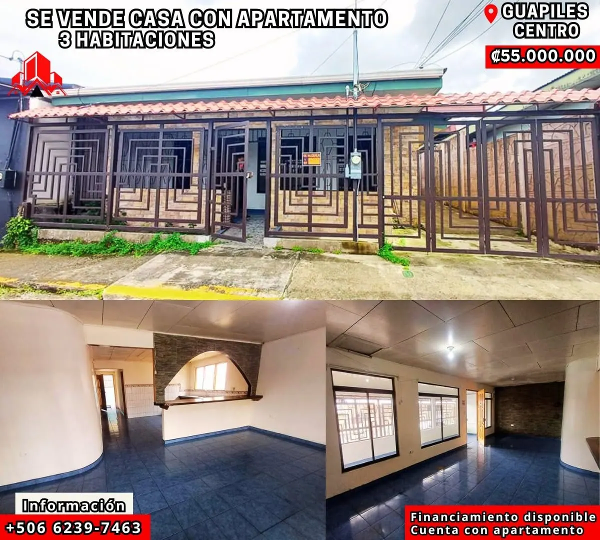 Arte de venta: casa con apartamento, 3 habitaciones, Guápiles centro, ₡55.000.000